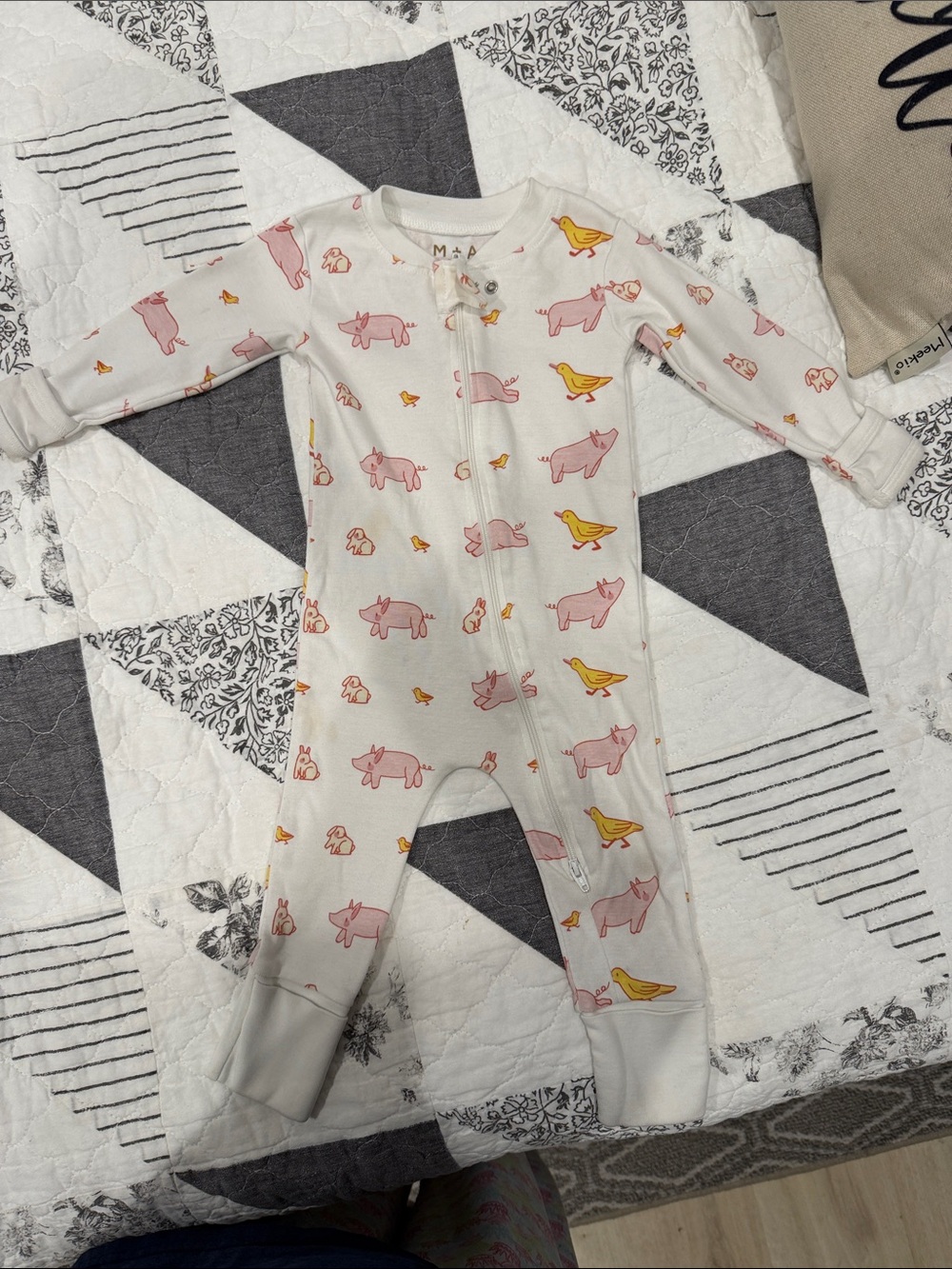 M&A Organic Cotton Baby One-Piece in Cream with Pink Pig & Yellow Bird Print